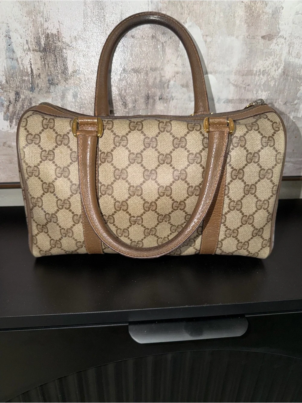 Gucci Beige GG Canvas Satchel with Brown Leather and Signature Web